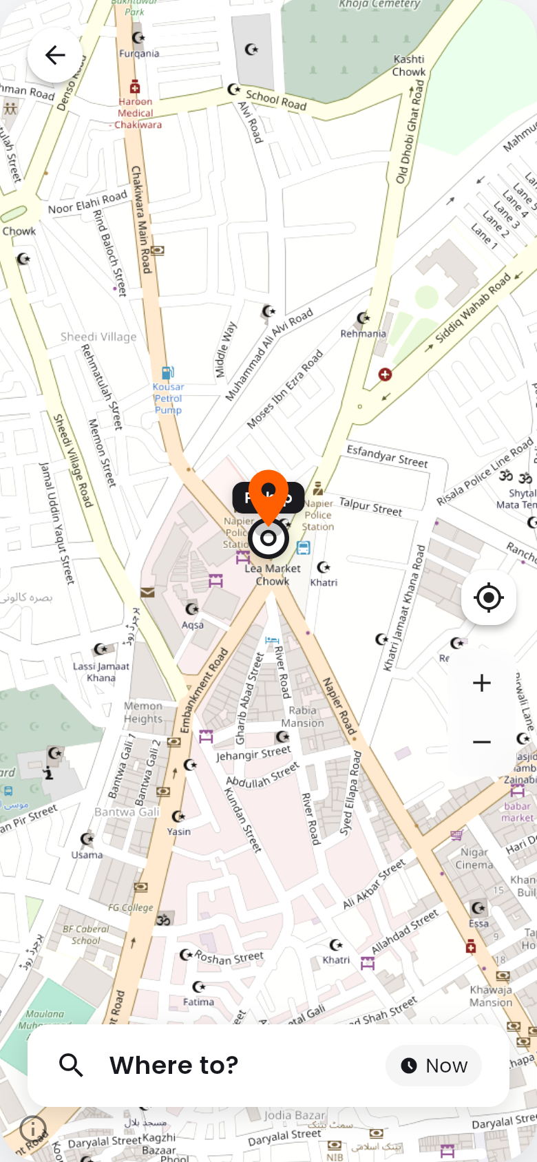 Ride booking map with destination bar