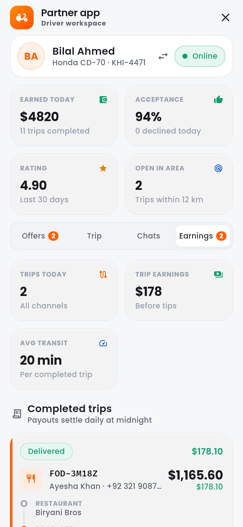 Driver earnings screen